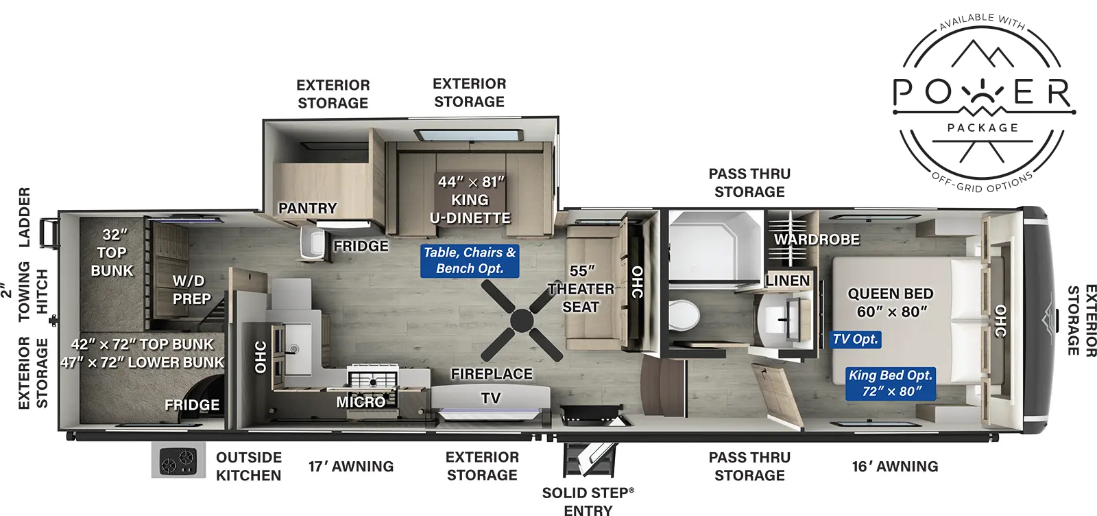 The Flagstaff Classic Fifth Wheels F374DBH has one entry and one slide out. Exterior features include: fiberglass exterior, 17' & 16' awning and outside kitchen. Interiors features include: bunk beds, u-dinette and front bedroom.